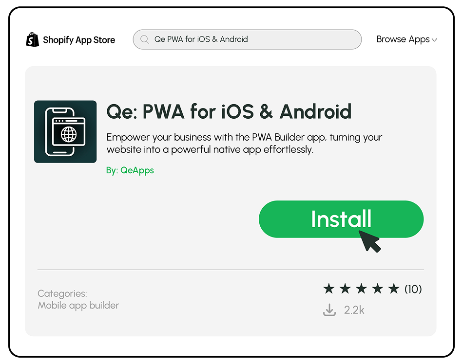 Shopify App Store interface showing the Qe PWA app.