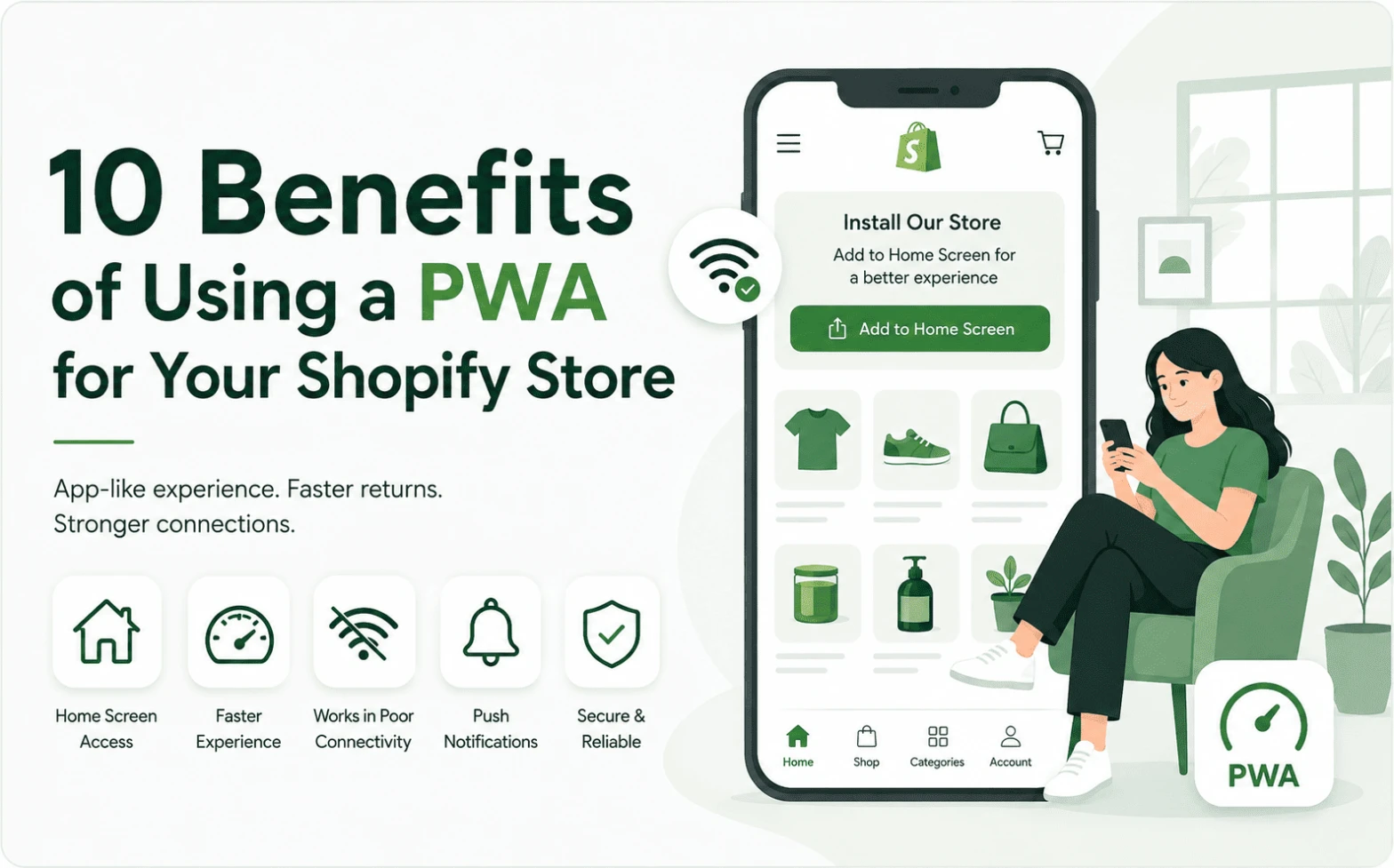 PWA benefits for Shopify stores including app-like mobile shopping, home-screen access, offline browsing, and customer re-engagement