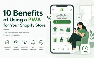 PWA benefits for Shopify stores including app-like mobile shopping, home-screen access, offline browsing, and customer re-engagement