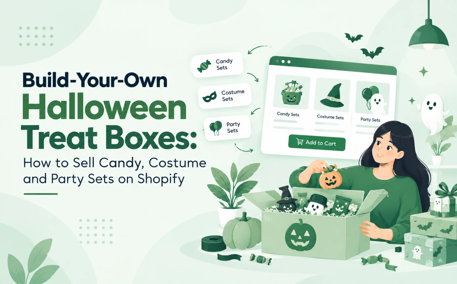 Build-your-own Halloween treat boxes on Shopify with candy, costume accessories and party items.